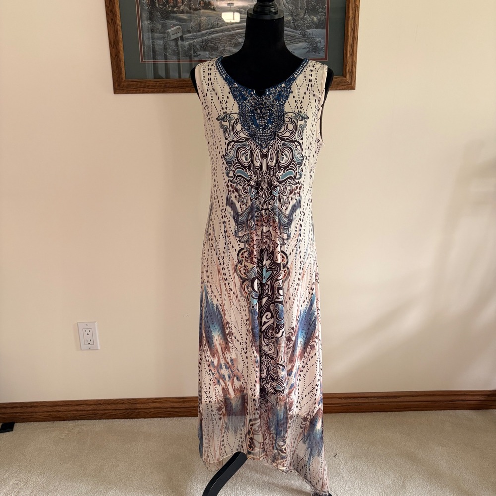 World Unity Maxi Dress Womens Medium Cream Blue Boho Beaded Sharkbite Sleeveless